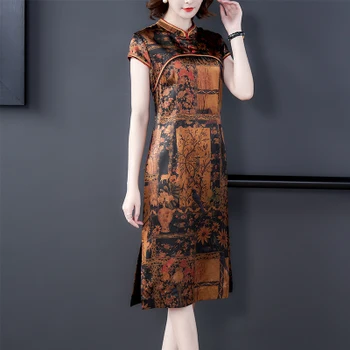 

2020 New Summer Printed Women Silk Dress Middle Aged Women Mother Vintage Mandarin Collar Plus Size 4xl Vestidos Elegantes