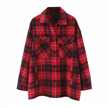 

Vintage Stylish Pockets Oversized Plaid Jacket Coat Women Lapel Collar Long Sleeve Loose Female Outerwear Chic Tops