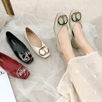 

Low-Cut Fashion Shoes Versatile Square Head WOMEN'S Shoes 2020 Soft-Sole-Style Moccosins Retro Scoop Women's Shoes