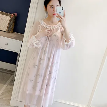 

Plus Size Winter Sexy Sleeping Robe Women Pink Dressing Gown Lingerie Long Sleeve Nightgown Mesh Lace Sleepwear Pajamas Dress
