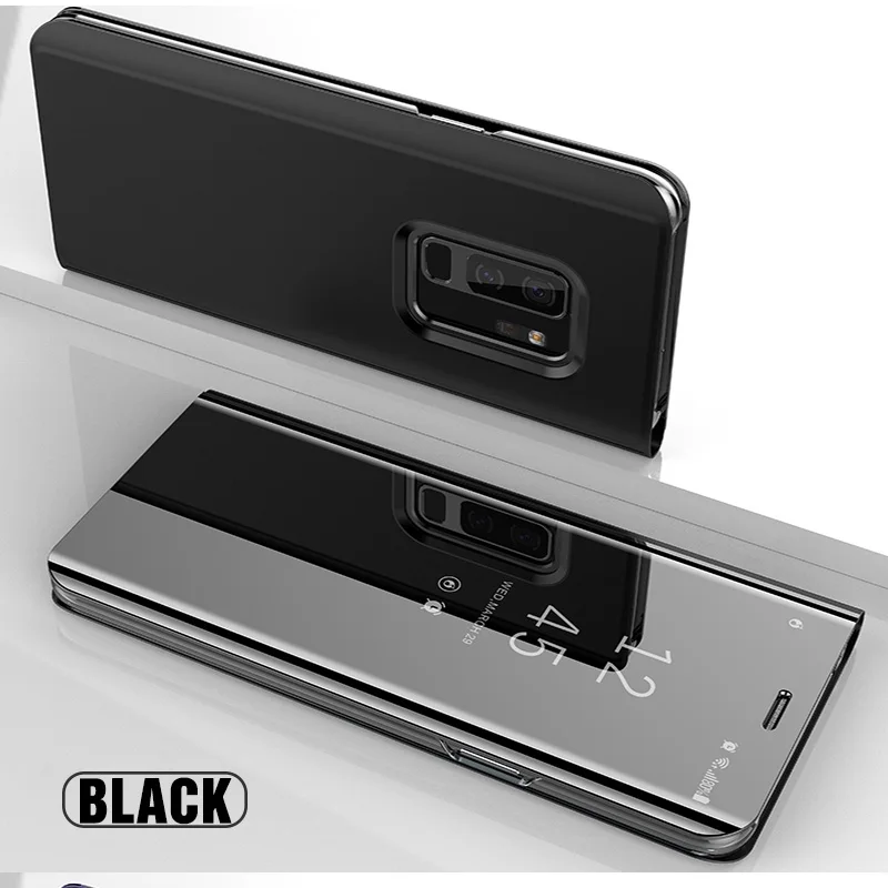 Зеркальный флип-чехол для телефона для Samsung Galaxy S8 S9 Plus Note 9 8 чехол Clear View на S7 S6 край A10 A20 A30 A40 A50 A70 крышка - Цвет: Black