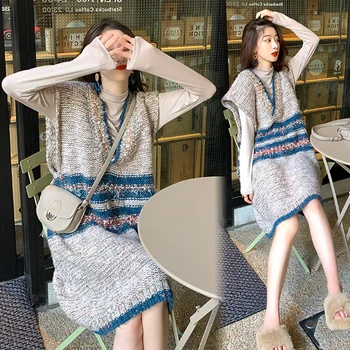 

2020 Winter New Fashion Pregnant Women Knitting Dress Suit Turtleneck Cotton T-Shirt+V-Neck Vintage Sundress Twinset Wholesale