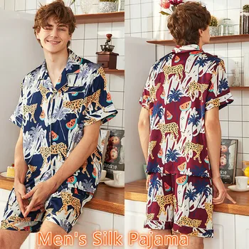 

Men's Silk Pajamas Classic Pajamas for Men Summer pijama hombre verano Leopard Elasticated Waist Short Sleeve Shorts Nightwear