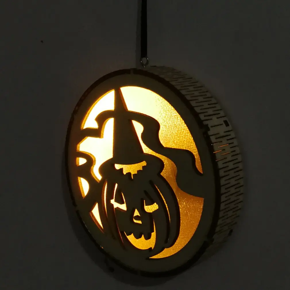 Wooden Halloween Round Cutout Pumpkin Man LED Light Pendant Laser Hollow Pumpkin Man Elf Haunted House Light Drop Shipping Sale