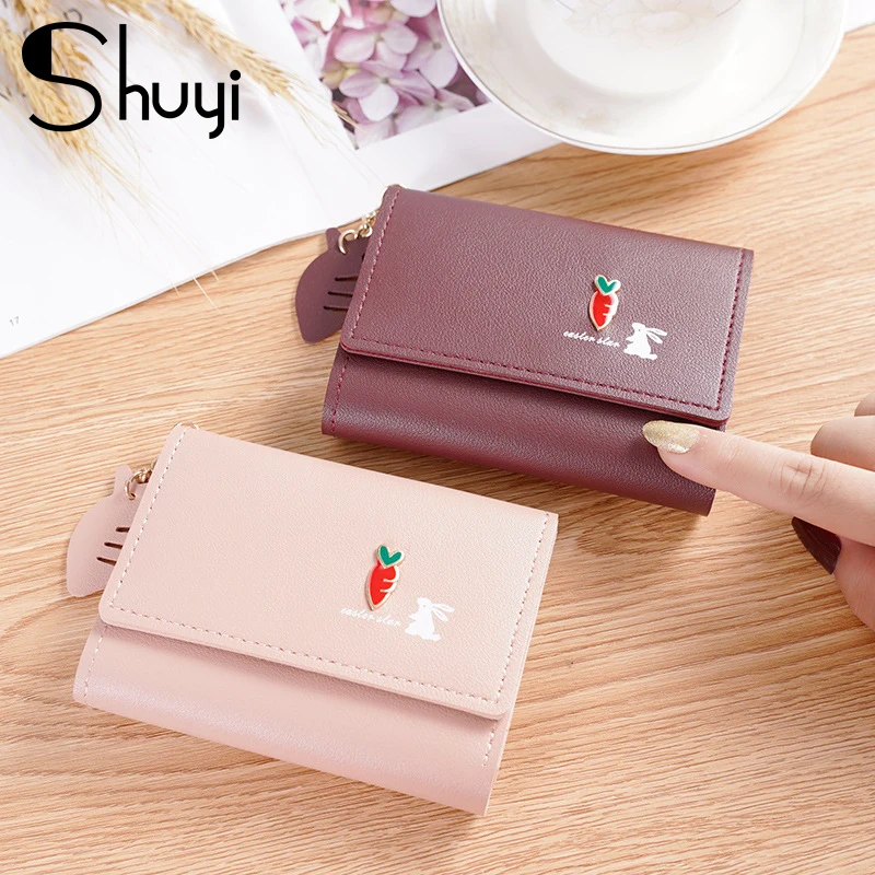 

Fashion three-folding ladies wallet 2020 new cute decorative design women's small wallet PU leather short female coin purse