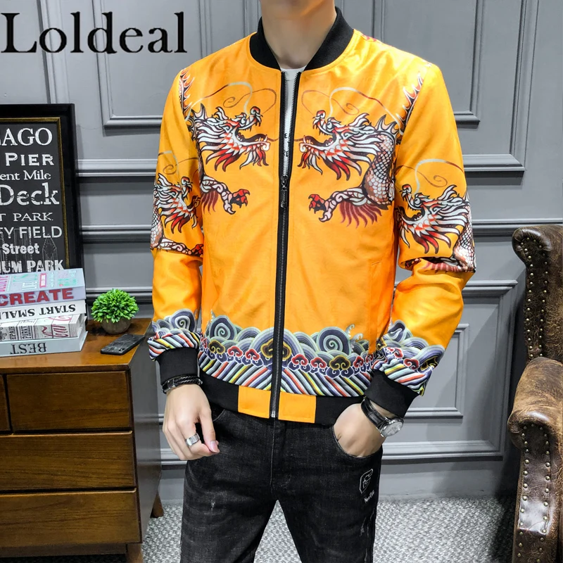 

Loldeal Men Casual Embroidery Style Stand Streetwear Bomber Baseball Jacket Slim Fit Zip Up Premium Track Jackets