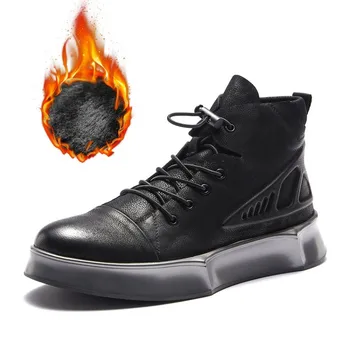 

Korean High Top Mens Winter Fleeec Lining Outdoor Casual Lace Up Thick Bootom Round Toe Genuine Leather Male Cowhide Boots