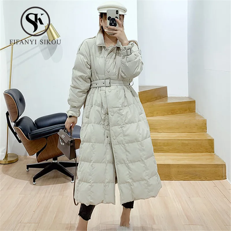 

2019 New Winter Women Down jacket Thick Warm White duck down Long Coat Fashion Single Breasted Belt Casual Parkas Loose Overcoat