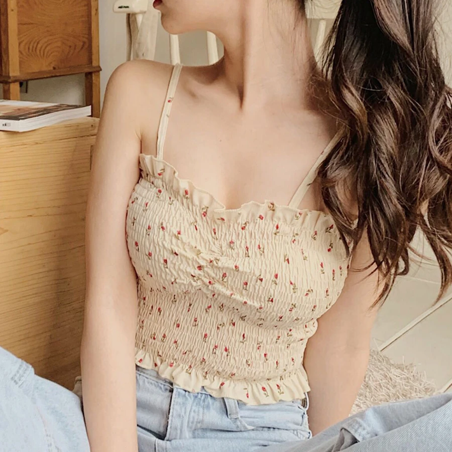 Женский плиссированный топ с цветочным принтом облегающий жилет в Корейском