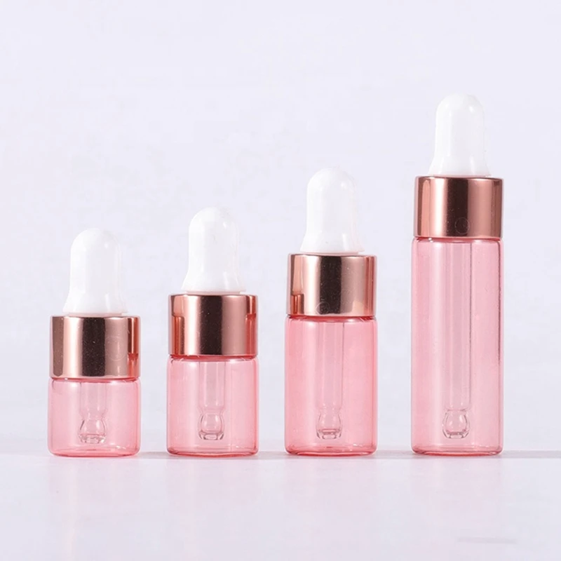 

Новинка, пустая Розовая прозрачная стеклянная бутылка-капельница 50 шт./лот, 1, 2, 3, 5 мл, флакон с розовым золотым кольцом для упаковки косметики