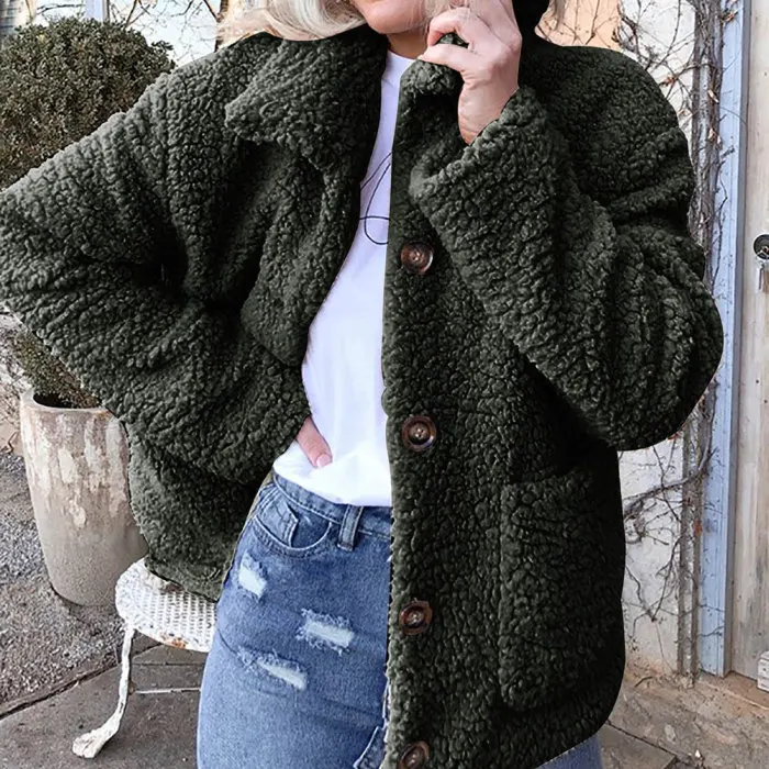 Chaquetas mujer женский флисовый кардиган, теплая куртка, курка, женский топ с лацканами, длинный рукав, одноцветная куртка на пуговицах