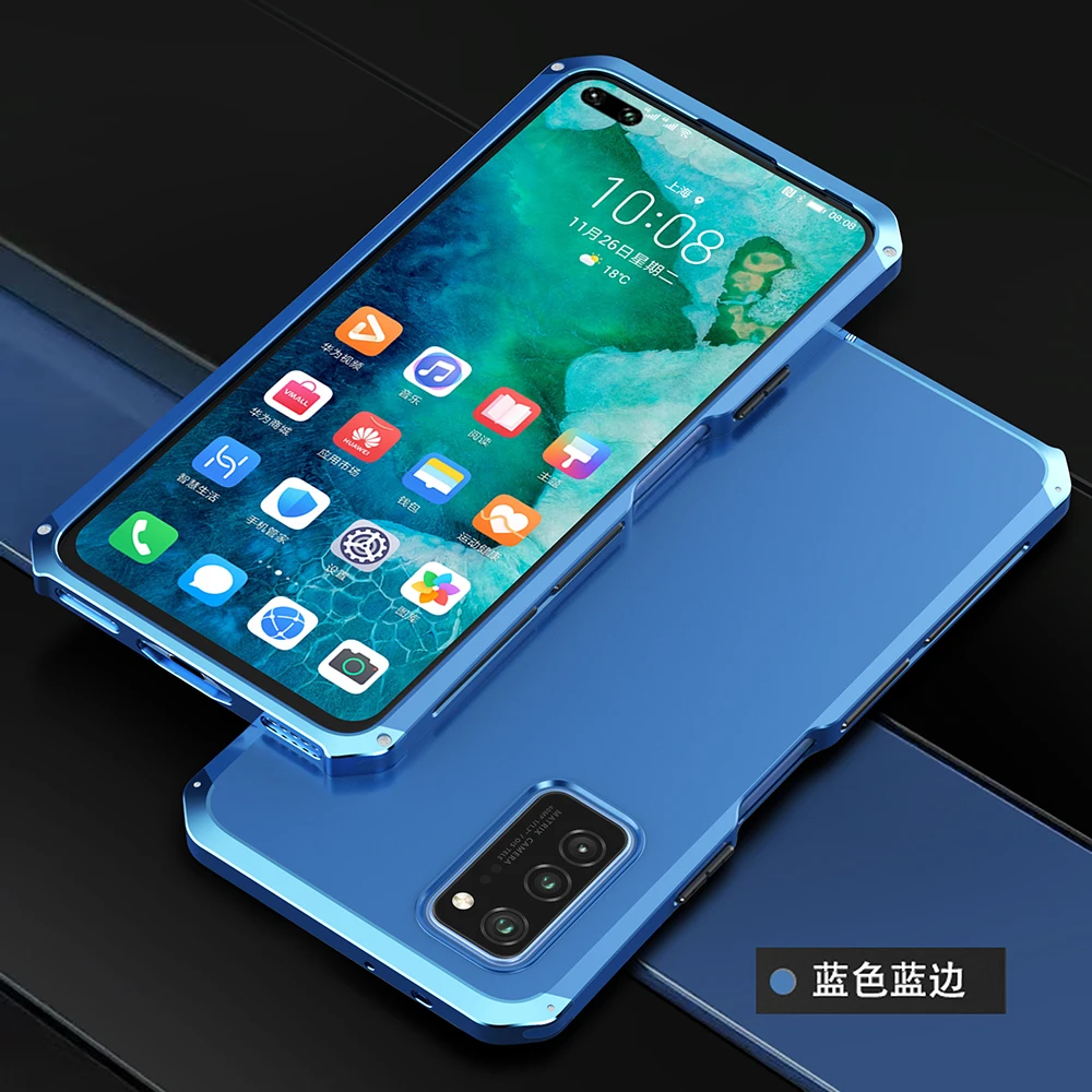 Текстурированный противоударный металлический каркас пластик для huawei Honor V30 алюминиевый сплав бампер Honor V30 с подарком - Цвет: Blue Blue Side