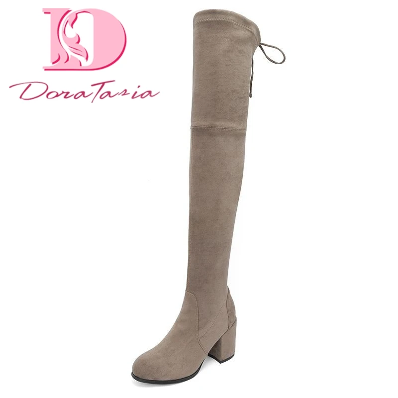 

Doratasia Brand top quality Over The Knee Boots Women Shoelaces Flock Autumn Winter square High Heels Shoes Woman Stretch Boots