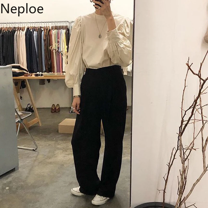 Neploe, весна-осень, Ретро стиль, фонарь, длинный рукав, одноцветная блузка с круглым вырезом, свободная, дикая,, новинка, Blusas, корейский стиль, элегантная рубашка 47229