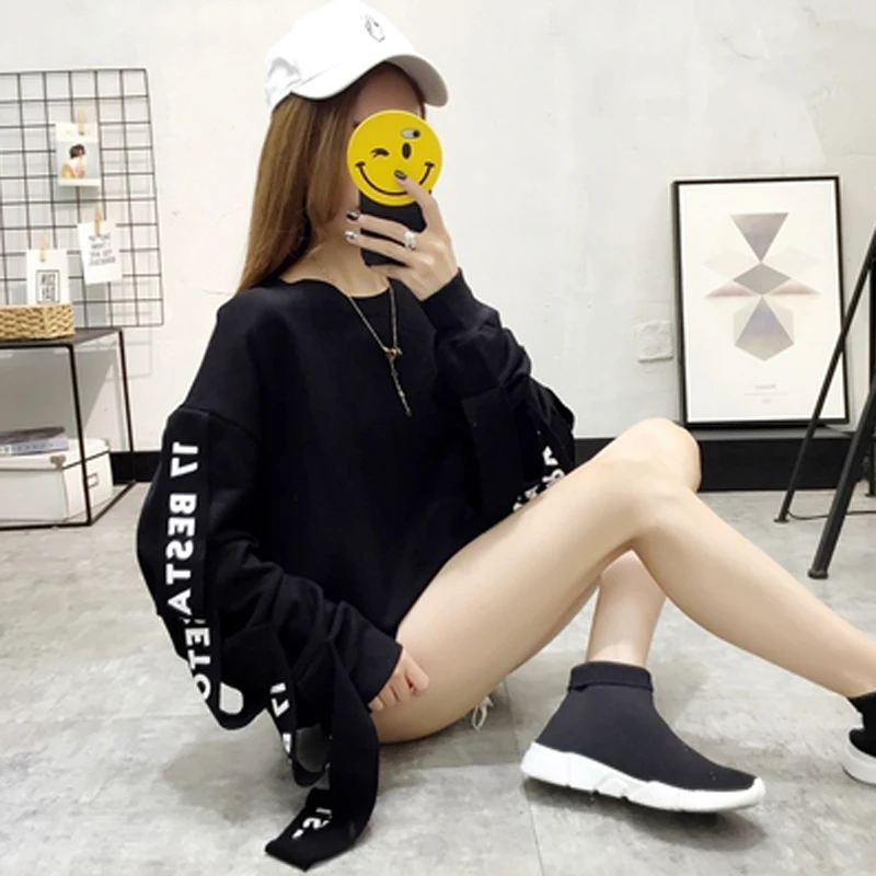 Женский свободный пуловер Ulzzang Harajuku длинный корейский с лентами Толстовка на