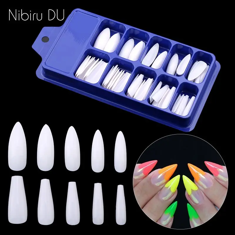 

100pcs Mix Acrylic Long Almond Ballerina False Nails Display Tips Artificial Transparent/Natural/white Full Cover Fake Nail