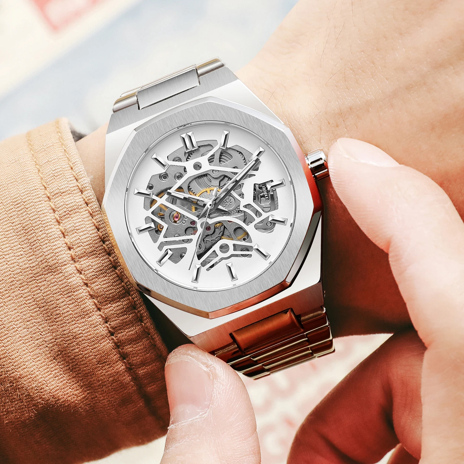 Men mechanical watch skeleton automatic stainless steel