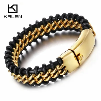 

New Retro Leather Bracelet Fashion 22cm Stainless Steel Dubai Gold Link Chain Bracelet Men's Wholesale Jewelry Gifts