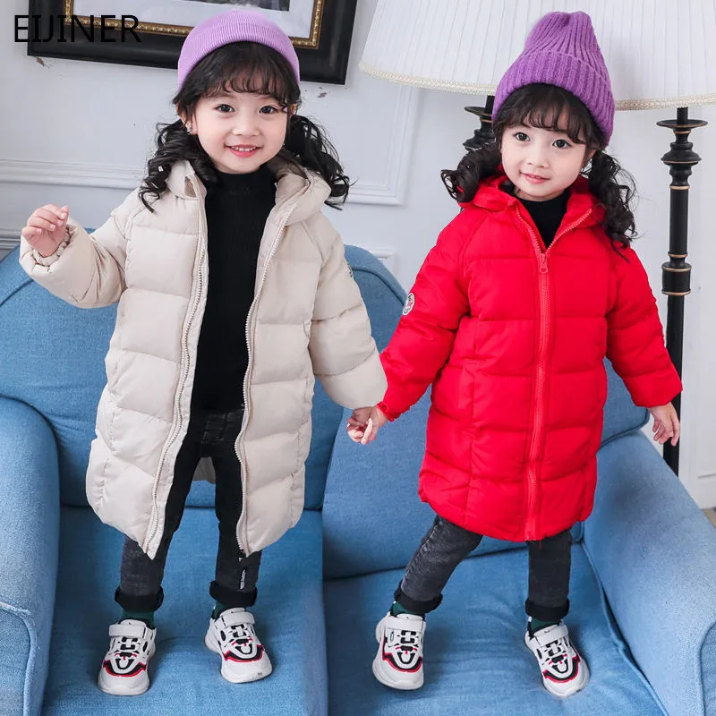 Детская зимняя куртка-пуховик; однотонная зимняя куртка для маленьких девочек; детская теплая верхняя одежда; пальто с капюшоном; зимний комбинезон; зимние комбинезоны для девочек