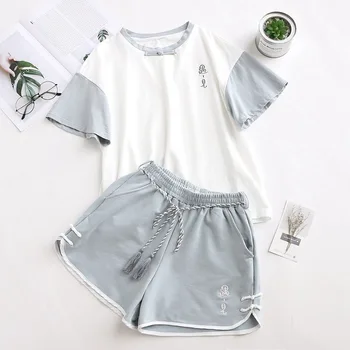 

XUANHAO Women's Two Piece Sets Patchwork Cotton T Shirt and Pants Korean Style Short Sleeve O-Neck T Shirts Student Shorts Set