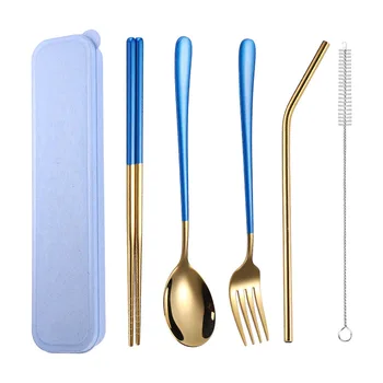 

Dinnerware Set Travel Camping Cutlery Set Reusable Silverware with Stainless steel 304 Straw Knife chopsticks Fork with box