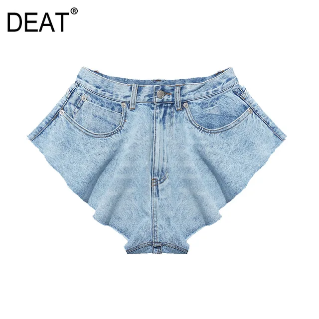 DEAT 2021 new summer fashion mesh clothing light blue denim washed pockets zippers shorts female bottoms WL38605L 3