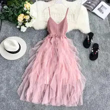 

2021 SummerVintage Sleeveless Sling Gauze Lace Tulle Dress Sexy FashionWomen Tunic Long Mesh Pink BlackDresses платье женское