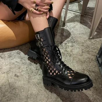

Sexy Genuine Leather Women Shoes Thick Heels boots Spring Summer Metal Buckle Round Toe New 2020 Retro Party Shoes Woman