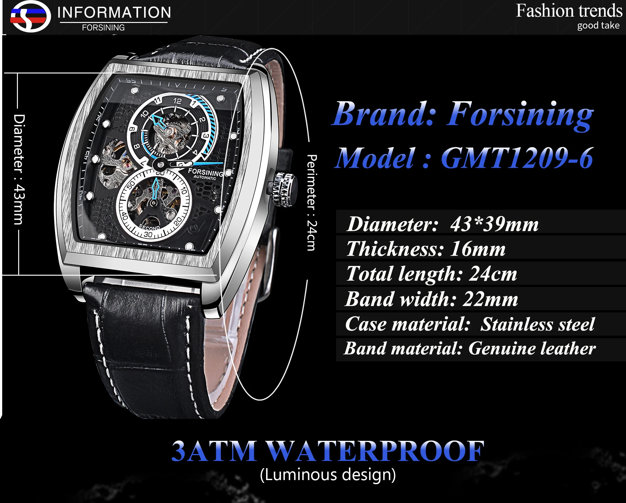 Forsining Black Dial Waterproof Automatic Mechanical Watch Skeleton Rectangle Military Watches With Bule Pointer Genuine Leather