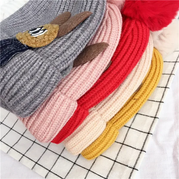 Детские шапочки Skullies Beanies для мальчиков и девочек, зимняя шапка с помпонами и ушками, теплые плотные эластичные модные аксессуары
