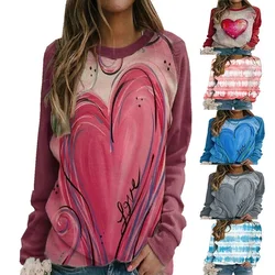 Camiseta de manga larga con cuello redondo para mujer, remera con estampado de corazones y Tie Dye para mujer, Tops de talla grande S 3XL