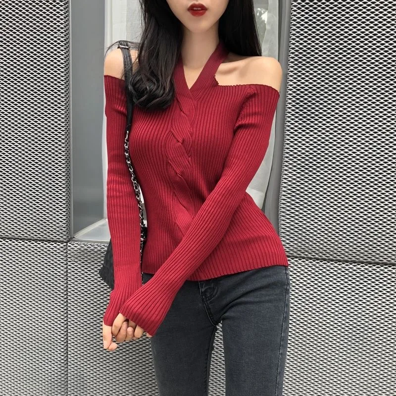 Female knitted Women's Casual Off Shoulder V-neck Blouse Ladies Summer Sexuality long Sleeve halter Crop Tops Short Shirt