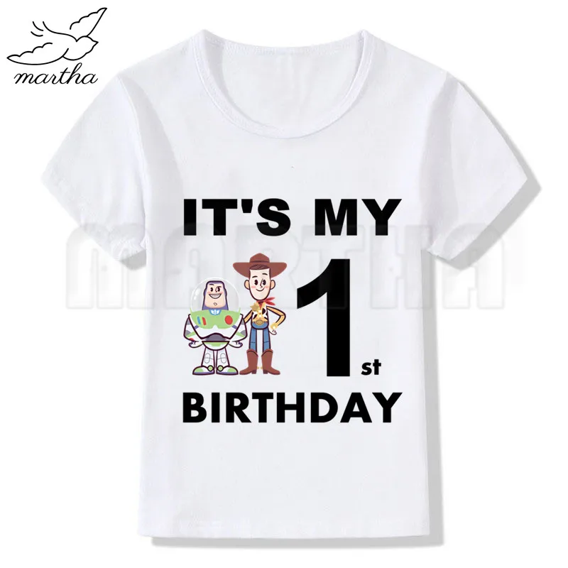 Toy Story/футболка с номером для дня рождения, Детская футболка с принтом «История игрушек», забавный топ для девочек, Harajuku, белая футболка с круглым вырезом и короткими рукавами для мальчиков