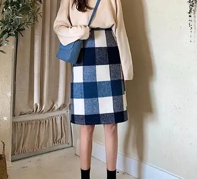 blue midi Ретро большая клетчатая твидовая юбка осень зима прямая Высокая талия короткая юбка Мини Винтаж для женщин Jupe Courte Faldas Cortas Gonne - Цвет: blue midi