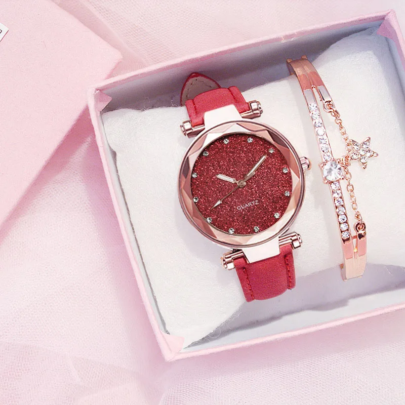 Модные Женские Романтические звездное небо наручные часы браслет кожа со стразами, дизайнерские женские часы простое платье Gfit Montre Femme - Цвет: Red bracelet
