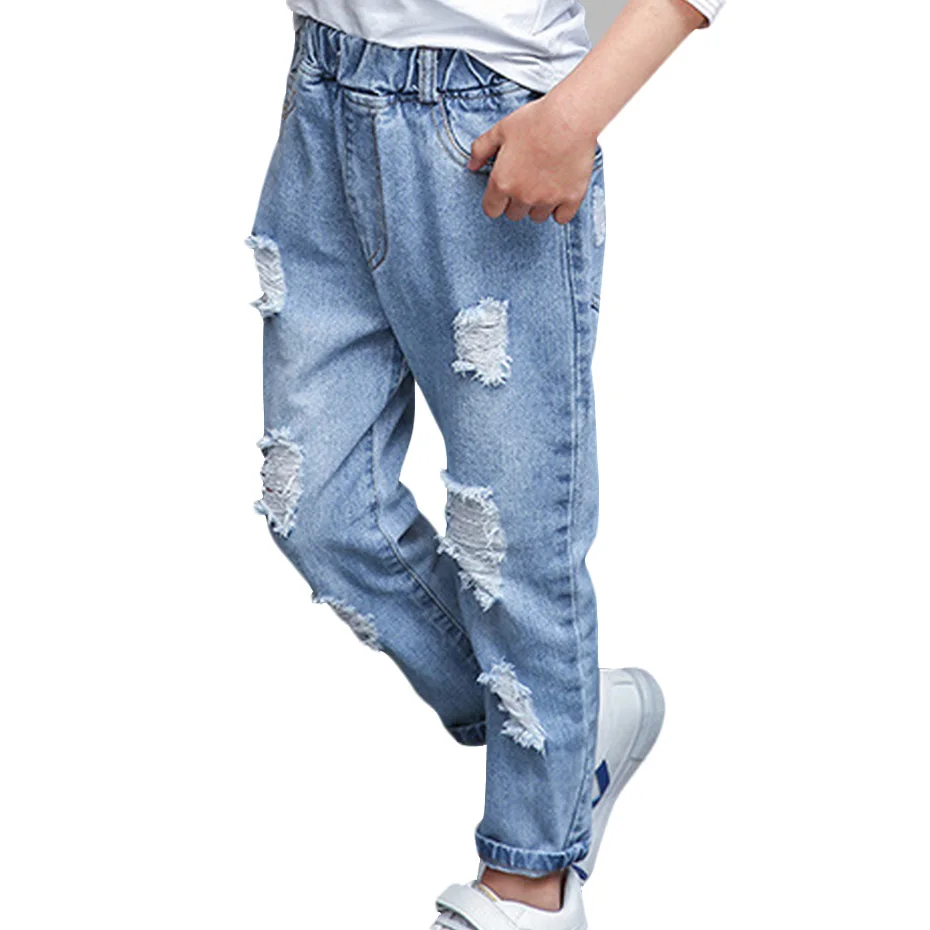 Джинсы однотонные для девочек джинсы с большими дырками подростков одежда 6 8 10 12