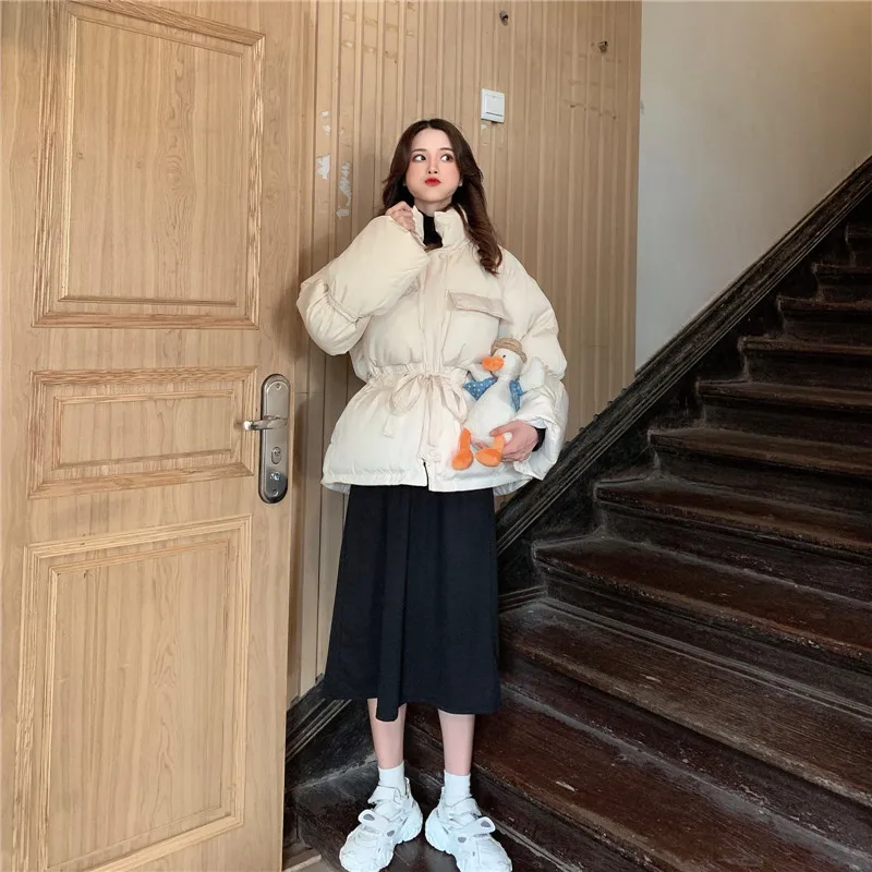 Женское зимнее пальто в Корейском стиле, ультра толстое, с подкладкой, Ulzzang, одноцветное, с карманами, на талии, с подкладкой, повседневное пальто, куртка, ткань