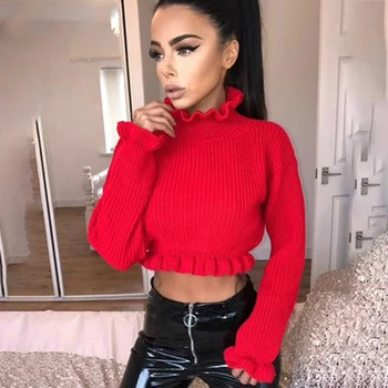 

Spring Women's Ruffles Turtlenecks Sweaters Knitted Clothing Fashion Sexy Crop Butterfly Sleeve Sweater Pullover Ropa Mujer