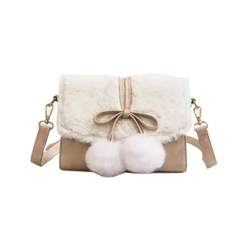 

Women Plush Shoulder Bags Bow Tie 2 Fluffy Balls Fashion Ladies Handbag Party M6CC