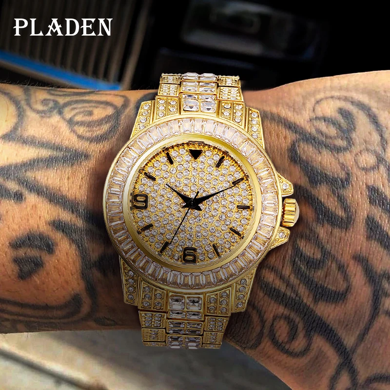 Men Watches Top Brand PLADEN Luxury Diamond  Gold Quartz Watch Classic Design Hip Hop Wristwatch Waterproof Automatic Date Clock