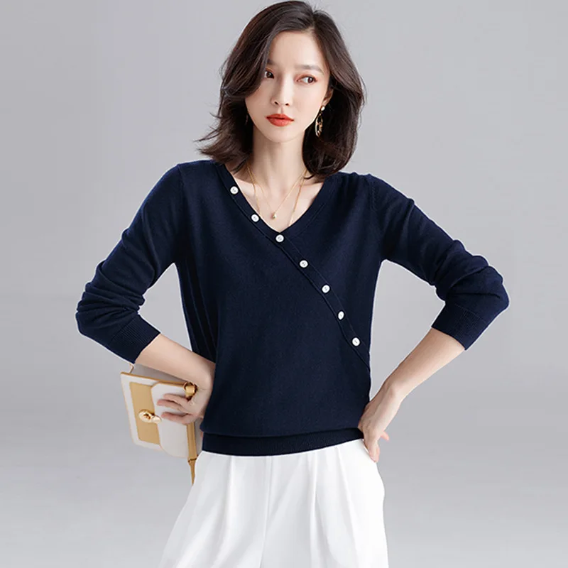 Navy Blue INNASOFAN женский свитер осень-зима, вязаный свитер с длинными рукавами, евро-американская мода, шикарный элегантный свитер с v-образным вырезом и пуговицами - Color: Navy Blue