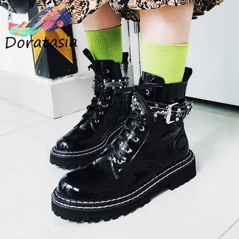 

DORATASIA Genuine Leather Women Buckle Snake Print Seiwng Shoes Winter Boots Women shoes lace Buckle Motocycle Boots
