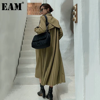 

[EAM] Women Back Pleated Big Size Trench New Lapel Long Sleeve Loose Fit Windbreaker Fashion Tide Spring Autumn 2020 1DC048