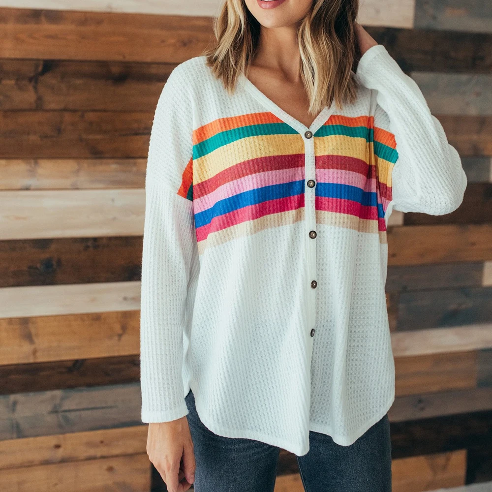 

Waffle Knitted Blouse Tops For Women Autumn V Neck Long Sleeve Button Up Rain Bow Striped Shirt Female Asymmetrical Tops WDC3741