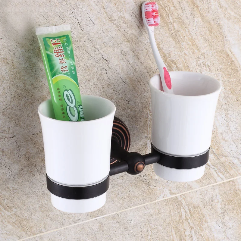 

Oil Rubbed Bronze Double Cup Holder Wall Mounted Tumbler Holders Bathroom Accessories Toothbrush Holder BD961