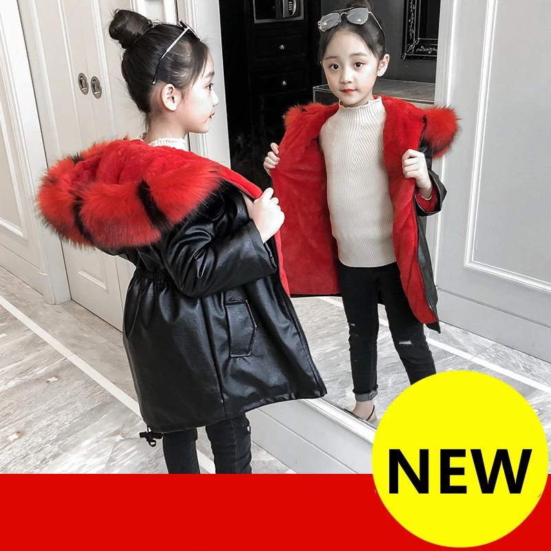 

2019 Winter Girl Trench Coat Children Long Pu Leather Jacket With Faux Fur Jacket Coats Warm Windbreaker Outerwear For Baby Girl