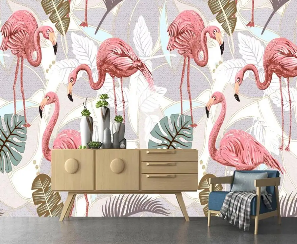 

Custom mural wallpaper 3D Nordic tropical palm tree plant flamingo banana leaf background wall decorative painting