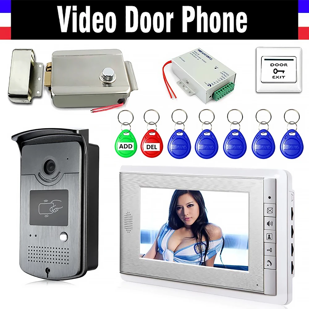 7" Screen Video Door Phone Doorbell Intercom System + Electric Lock+Alunimum pane Camera + Power Supply+ Door Exit+ ID Keyfobs