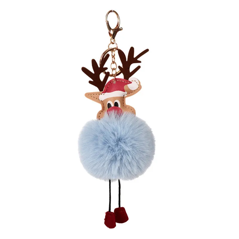 blue Pom Poms брелок Рождественский меховой брелок Снеговик Санта Клаус автомобильный брелок или сумка Украшение - Цвет: blue