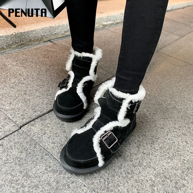 PENUTA/женские зимние ботинки из натуральной кожи; зимняя модная обувь с пряжкой; Высококачественная обувь на натуральном меху; большие размеры 34-43; брендовые ботинки